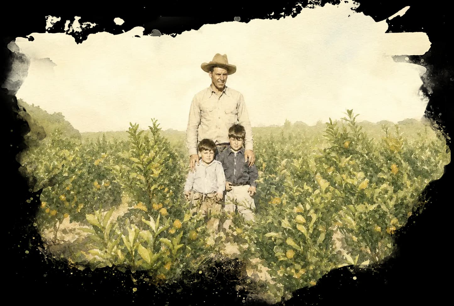 First generation farmer David H. Kelley, my great grandfather, posing with his two sons. Circa 1930.