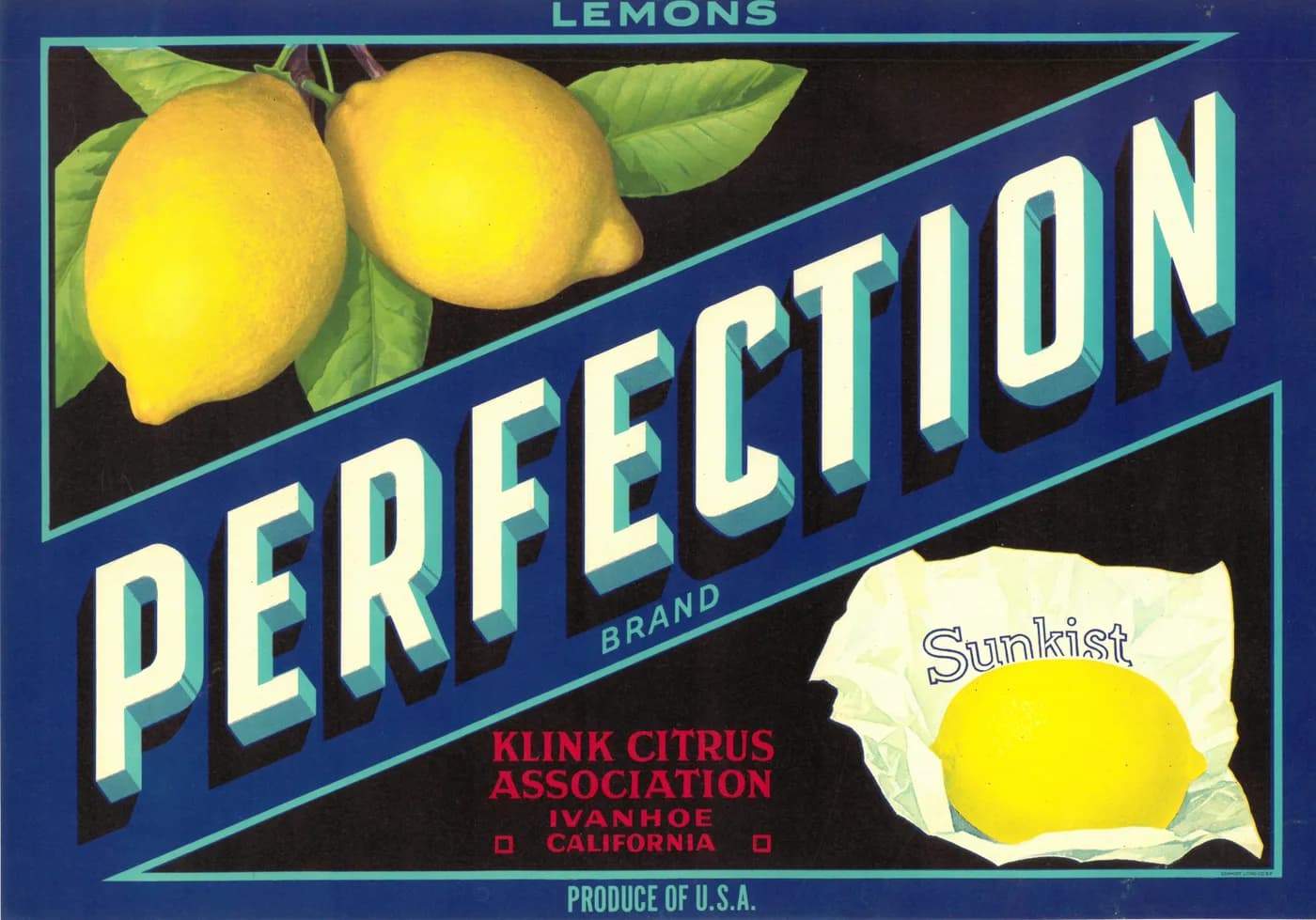 Perfection, citrus crate label, lemons, Ivanhoe, California, 1920-1930