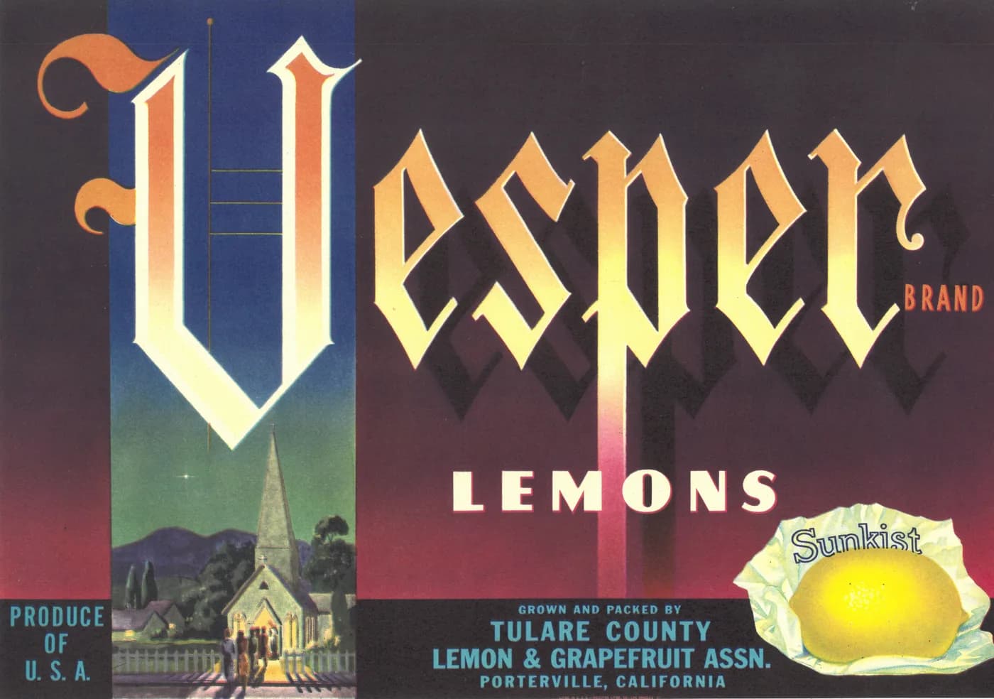 Vesper, citrus crate label, lemons, Porterville, California, 1930-1940