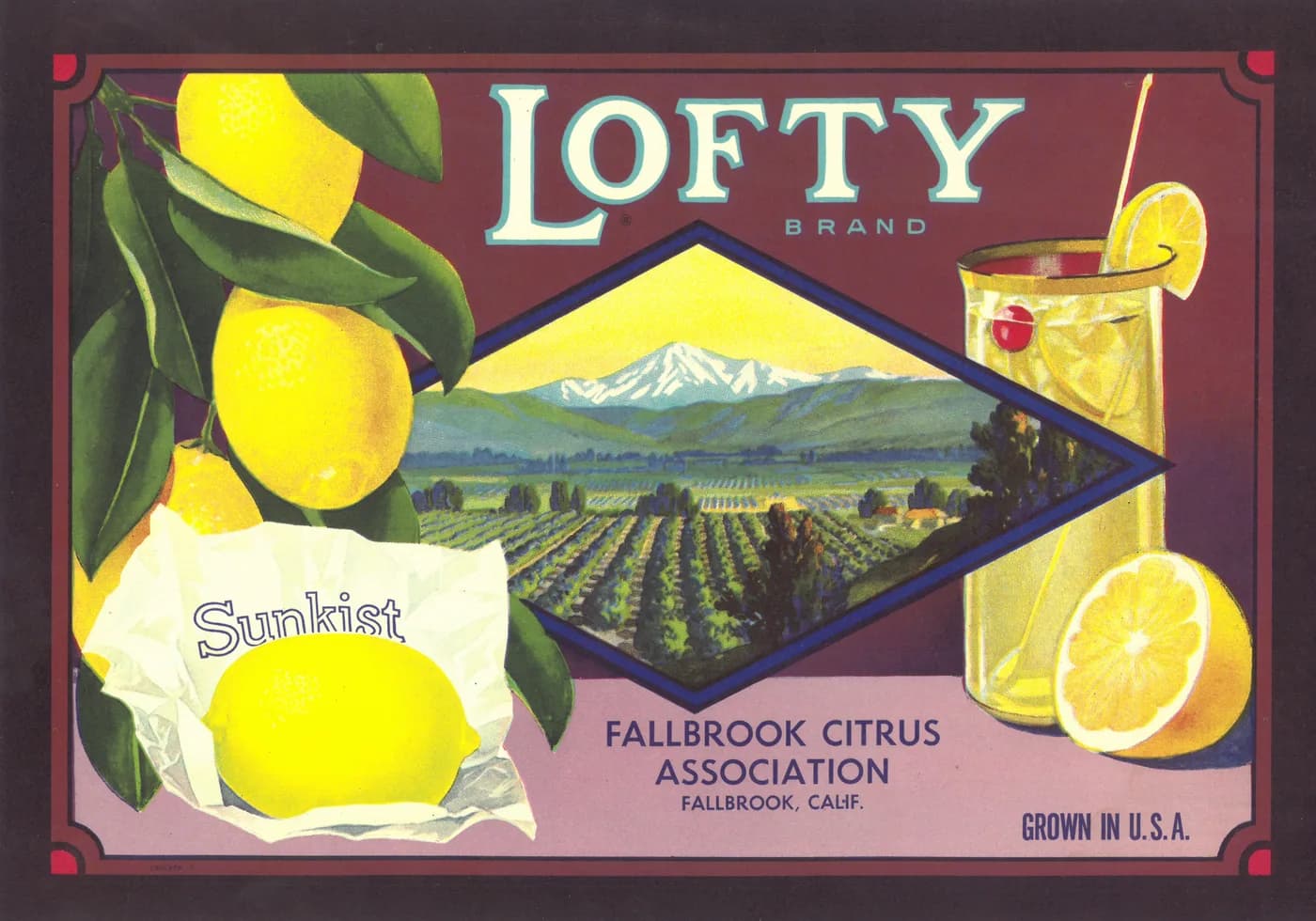 Lofty, citrus crate label, lemon, Fallbrook, Calif., 1920-1930
