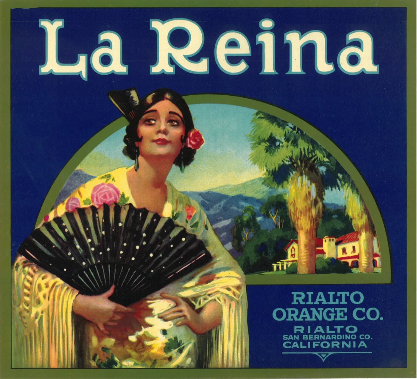 La Reina, citrus crate label, orange, Rialto, San Bernardino Co., California, 1890-1900