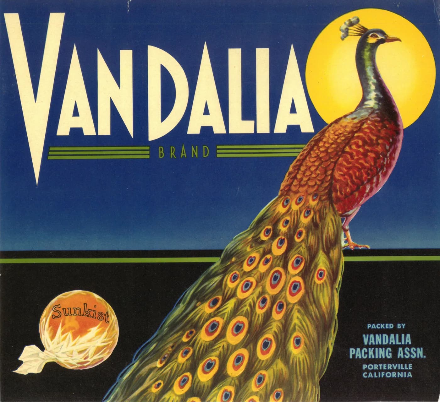 Vandalia, citrus crate label, sunkist, Porterville, California, 1890-1900