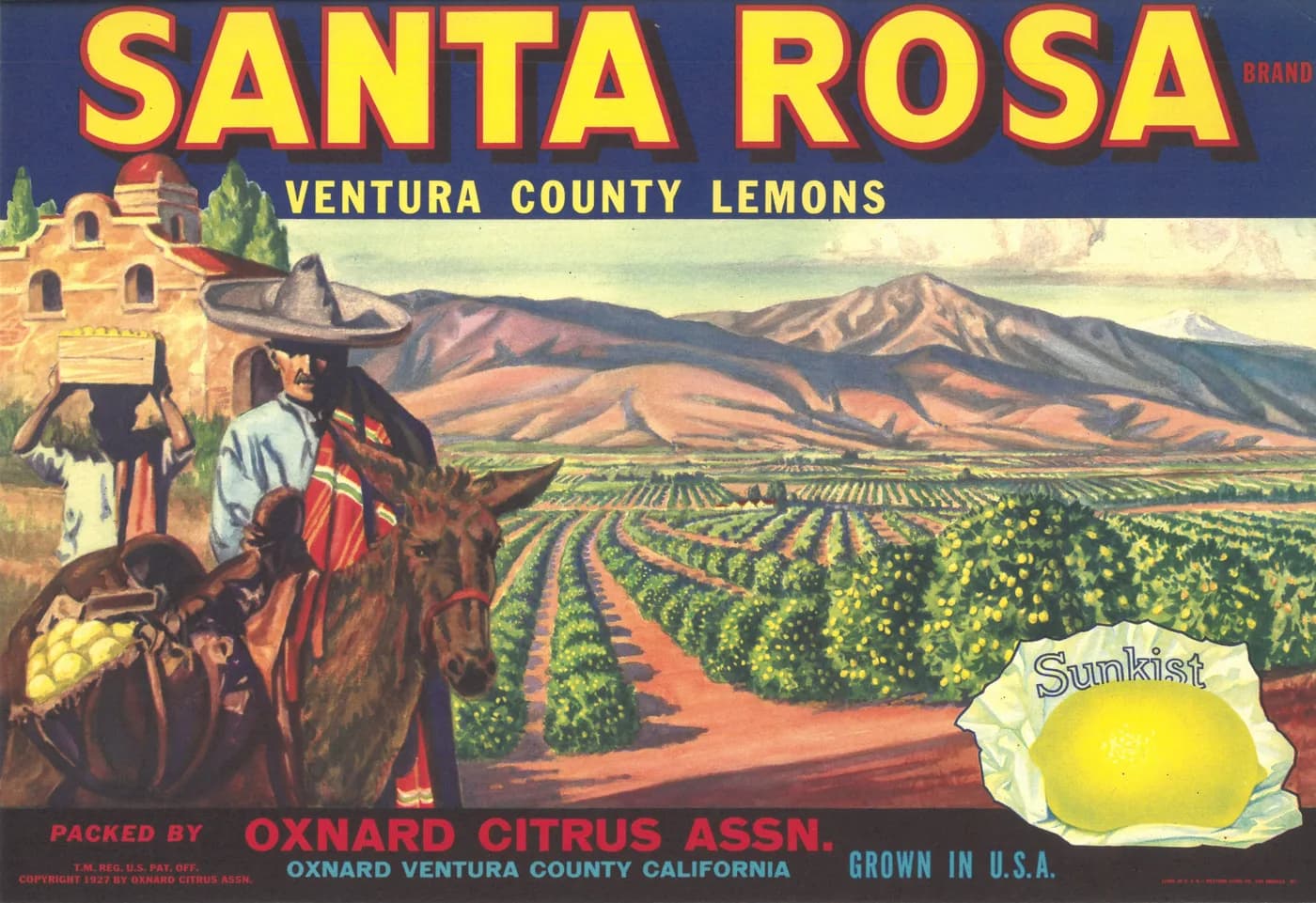 Santa Rosa, citrus crate label, lemons, Ventura County, 1927