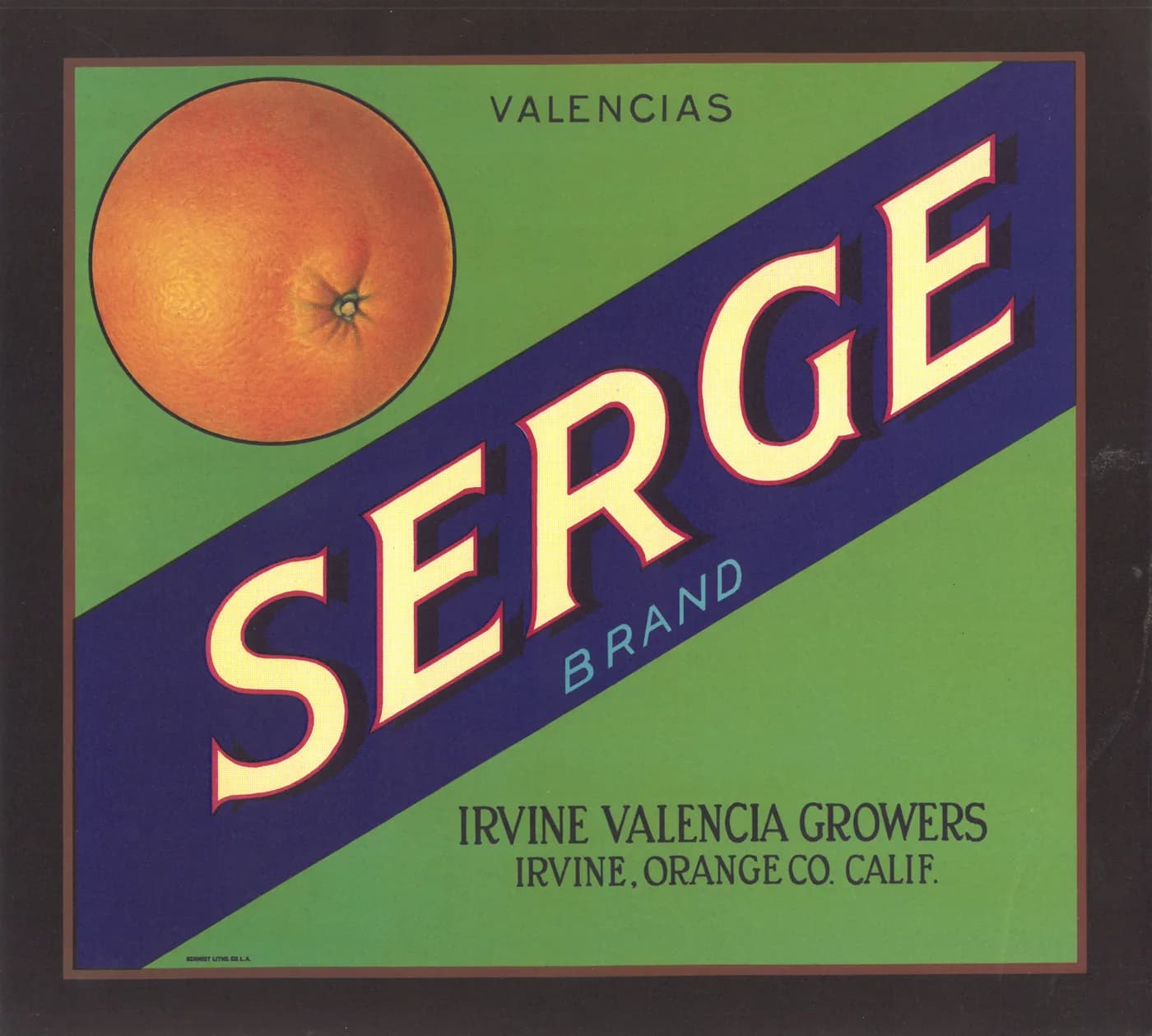 Serge, citrus crate label, valencias, Irvine, Orange Co. Calif., 1931