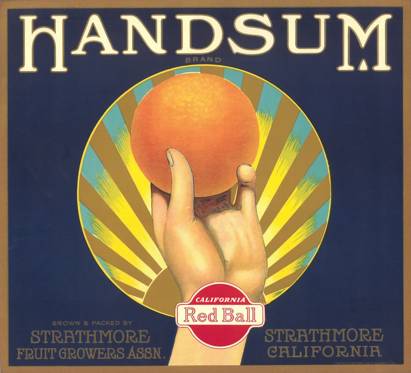 Handsum, citrus crate label, orange, Strathmore, California, 1900-1910