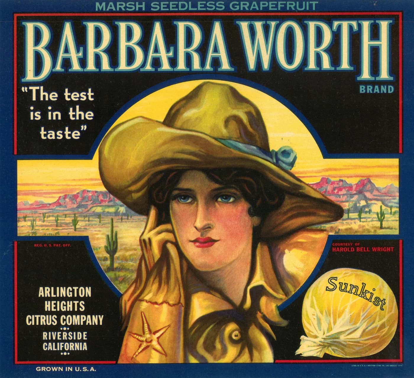 Barbara Worth, citrus crate label, marsh seedless grapefruit, Riverside, California, 1910-1920