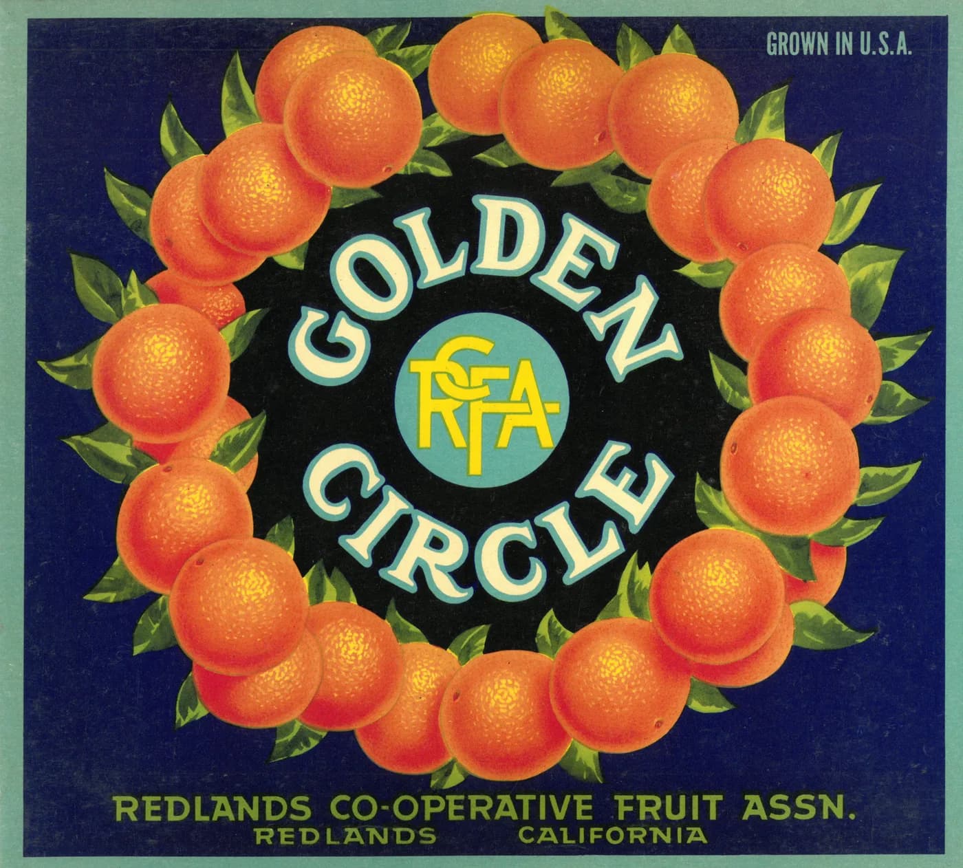 Golden Circle, citrus crate label, oranges, Redlands, California, 1930-1940
