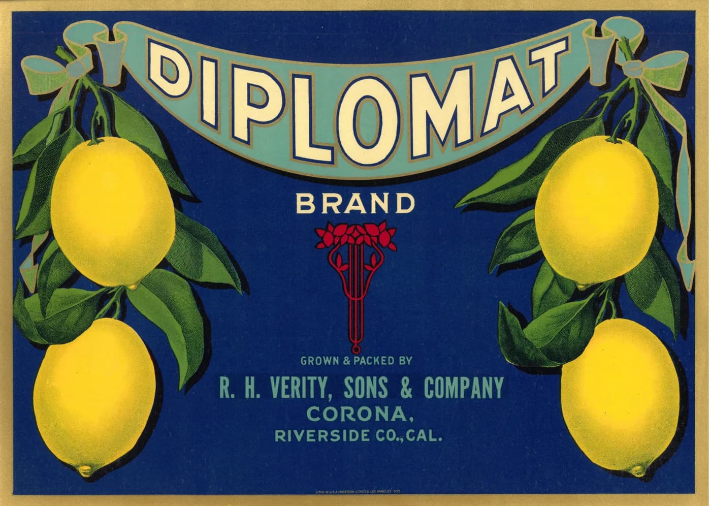 Diplomat, citrus crate label, lemon, Corona, Riverside Co., Cal., 1928