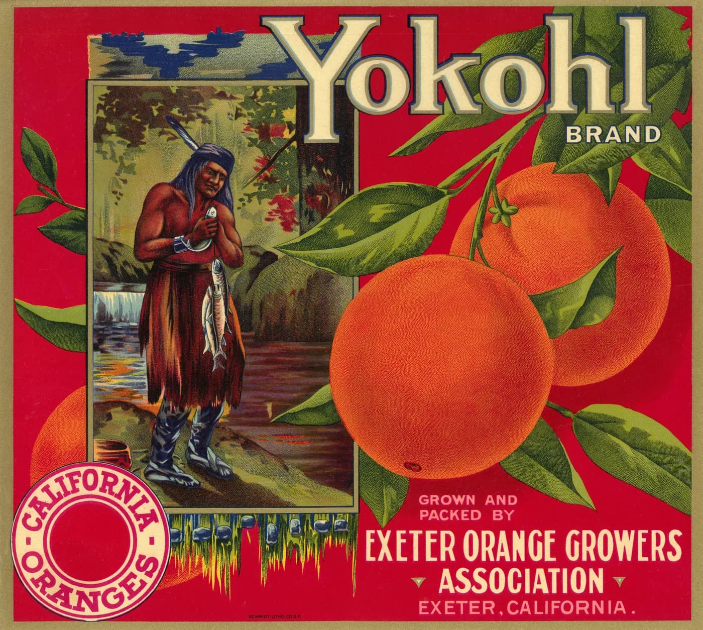 Yokohl, citrus crate label, oranges, Exeter, California, 1930-1940