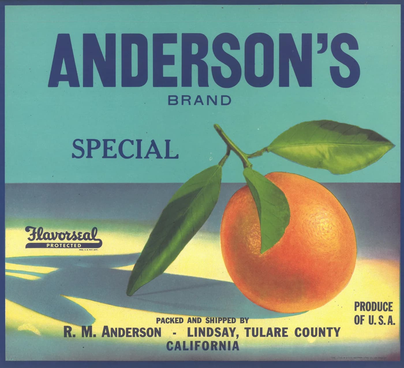 Anderson's, citrus crate label, orange, Lindsay, Tulare County, California, 1920-1930
