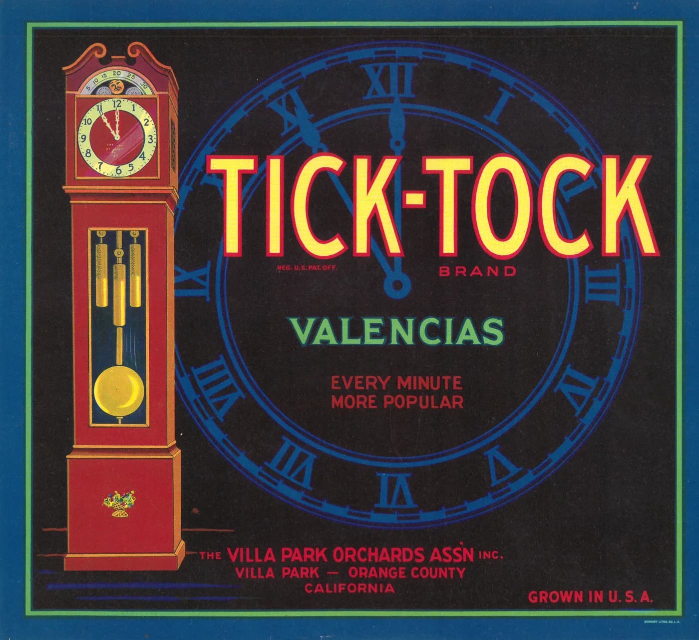 Tick-Tock, citrus crate label, valencias, Villa Park, Orange County, California, 1910-1920