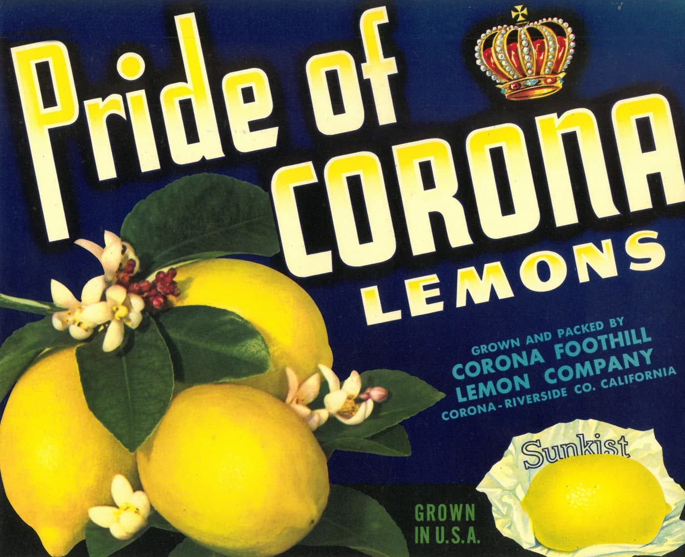 Pride of Corona, citrus crate label, lemons, Corona-Riverside Co. California, 1917