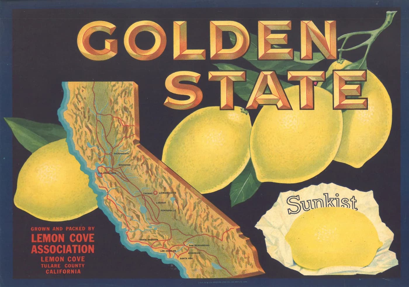 Golden State, citrus crate label, lemon, Lemon Cove, Tulare County, California, 1948