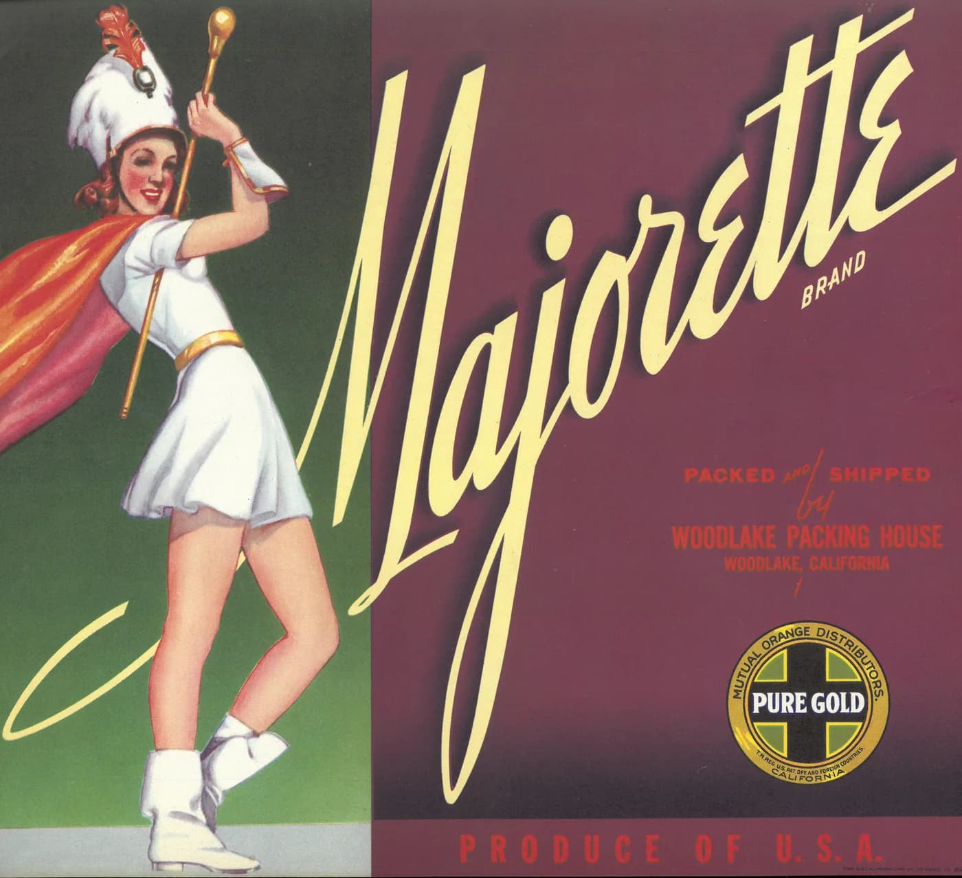 Majorette, citrus crate label, navel orange, Woodlake, California, 1890-1900