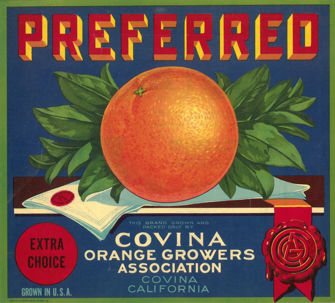 Preferred, citrus crate label, orange, Covina, California, 1930-1940