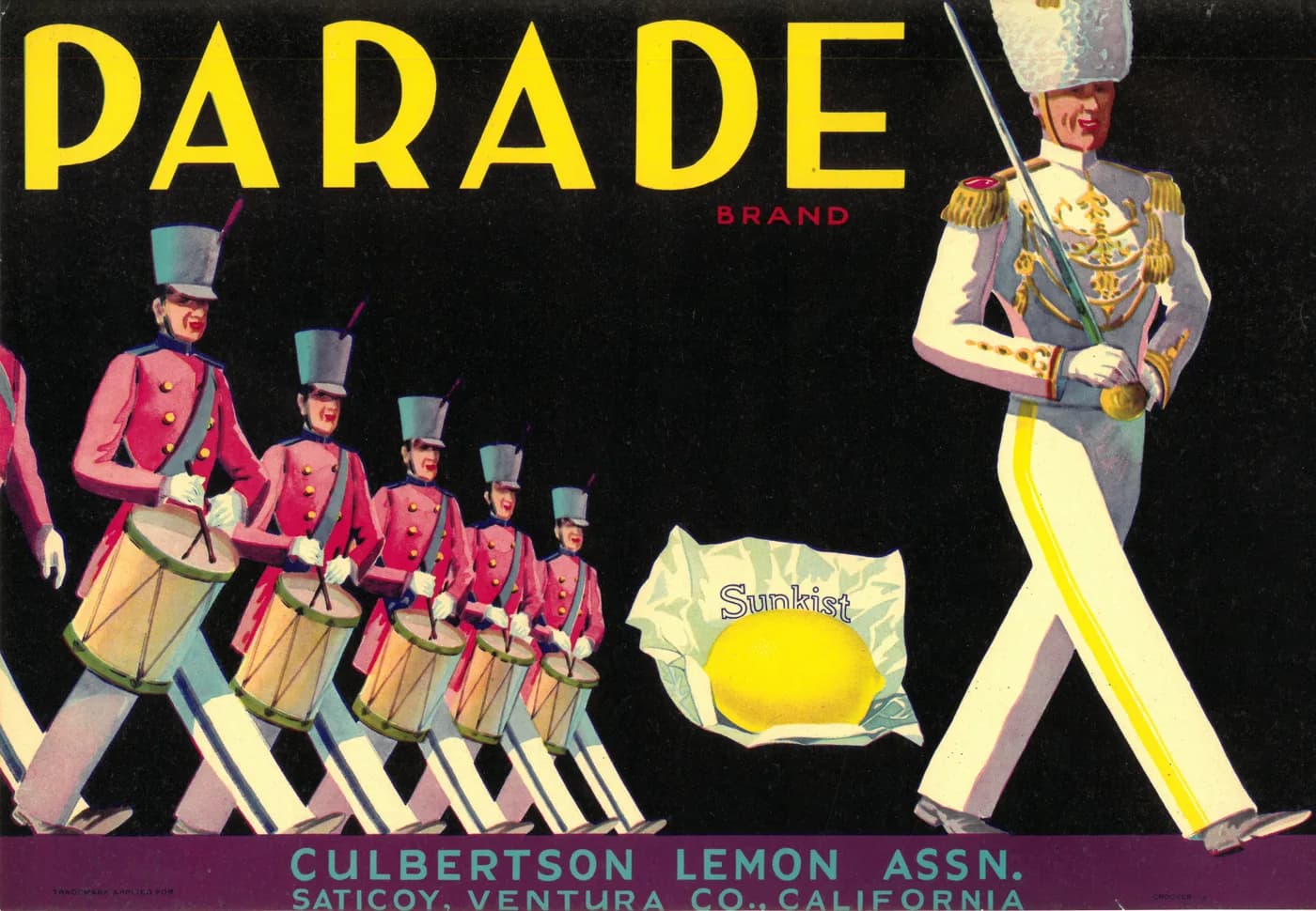 Parade, citrus crate label, lemon, Saticoy, Ventura Co., California