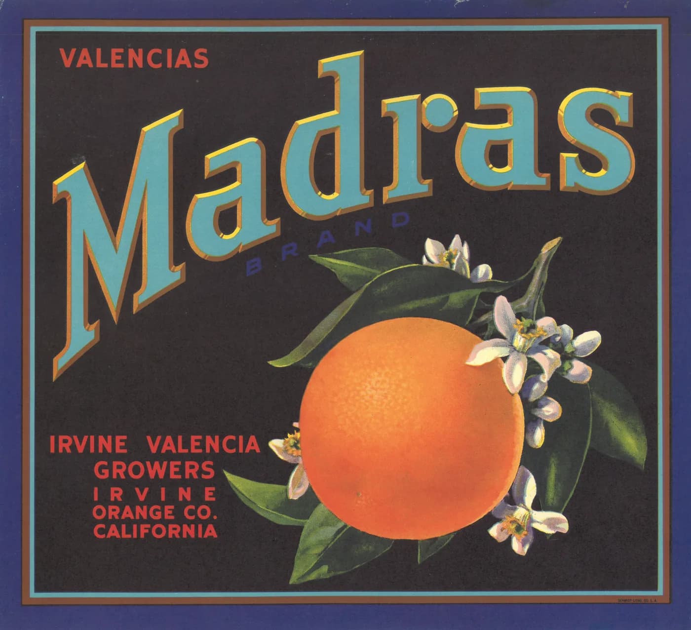 Madras, citrus crate label, valencia, Irvine, Orange Co., California, 1890-1900