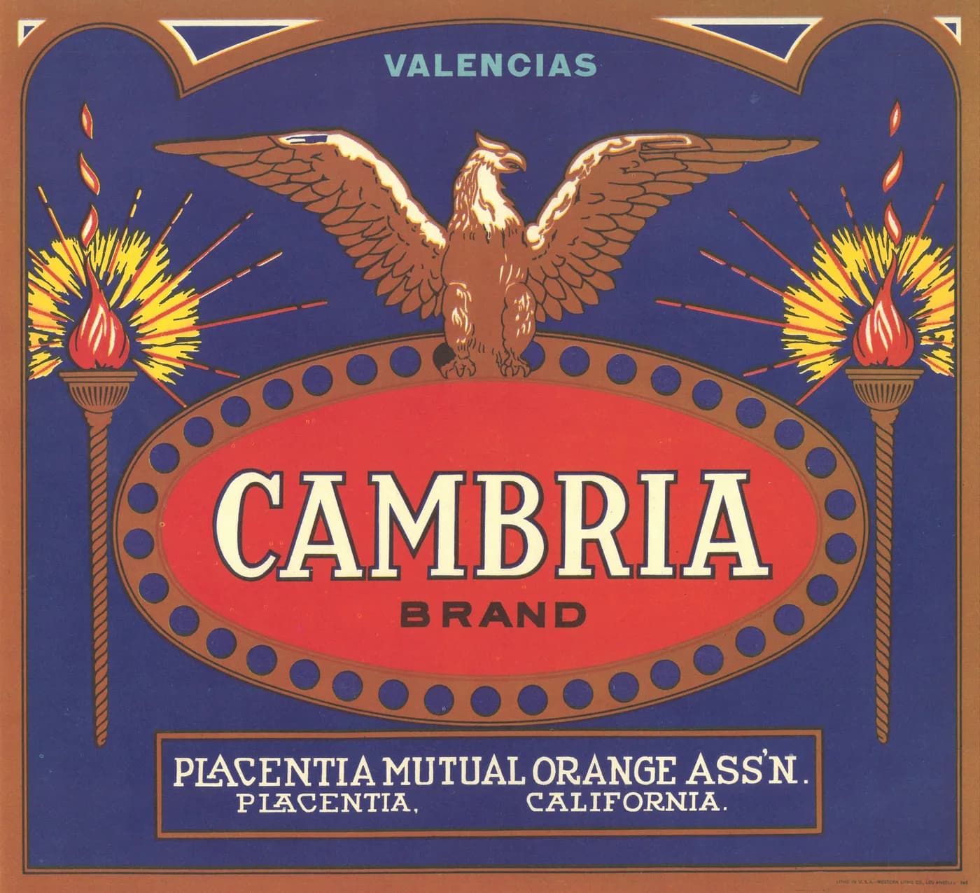 Cambria, citrus crate label, valencias, Placentia, California, 1890-1900