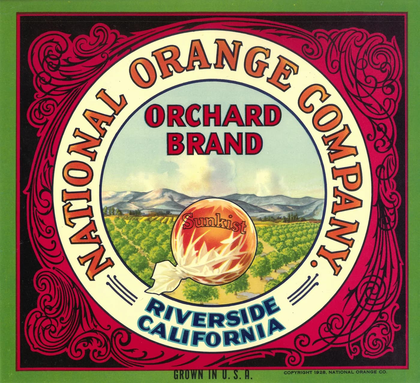 Orchard Brand, citrus crate label, orange, Riverside, California, 1928