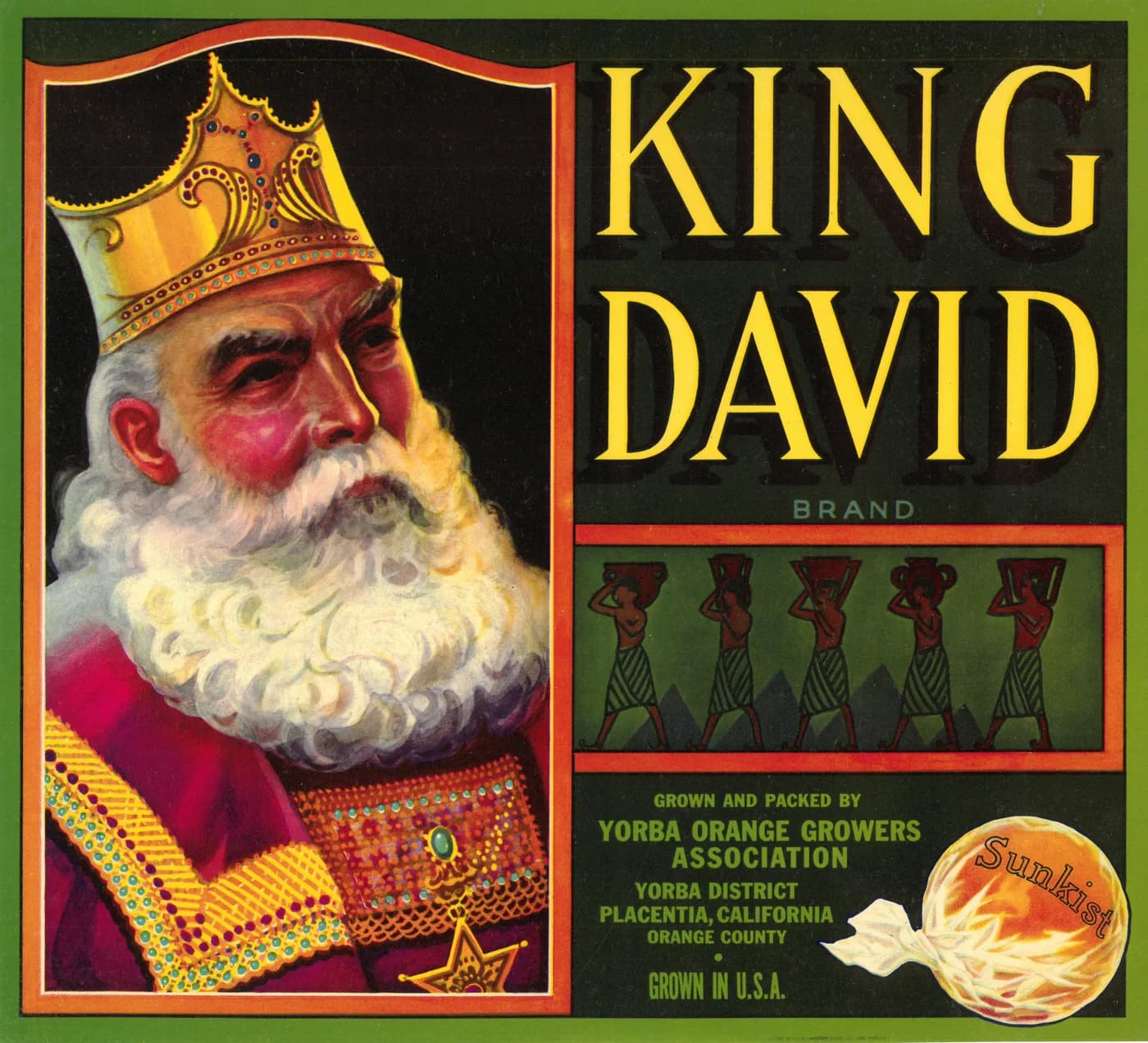 King David, citrus crate label, orange, Yorba District, Placentia, California, Orange County, 1935