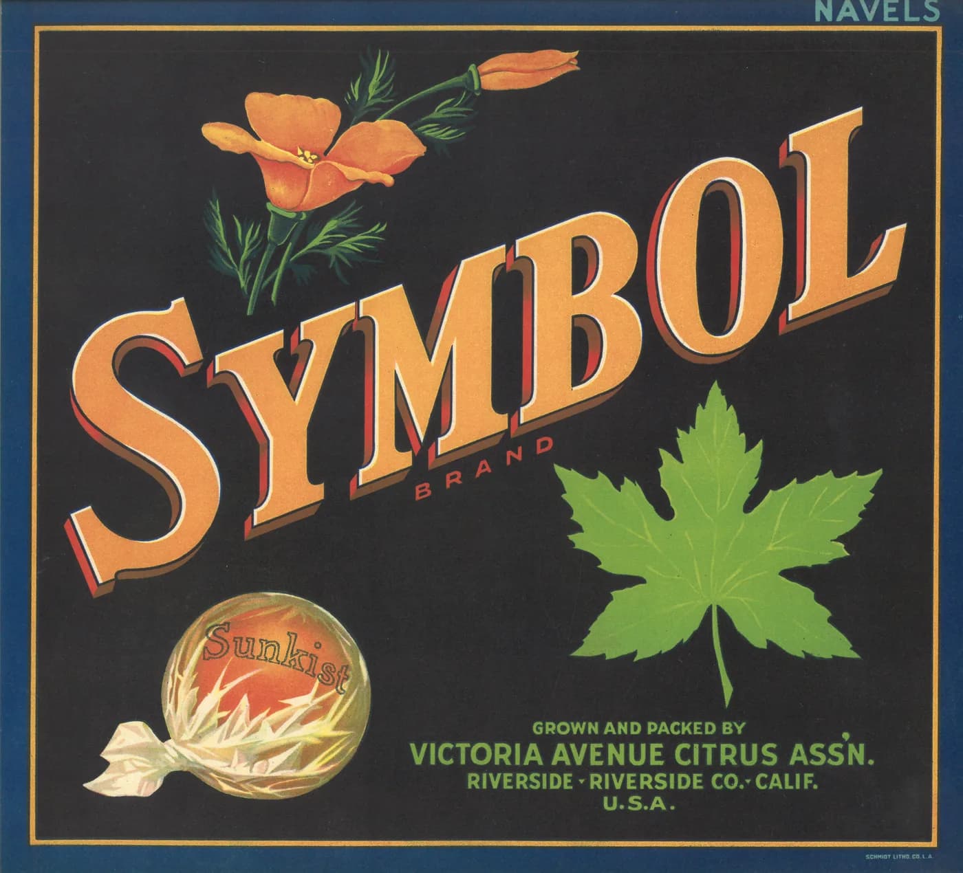 Symbol, citrus crate label, navels, Riverside, Riverside Co., Calif., U.S.A., 1924