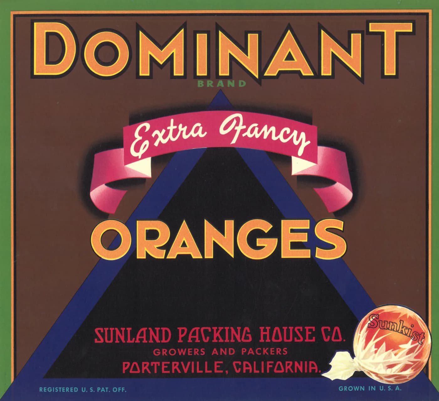 Dominant, citrus crate label, oranges, Porterville, California, 1890-1900