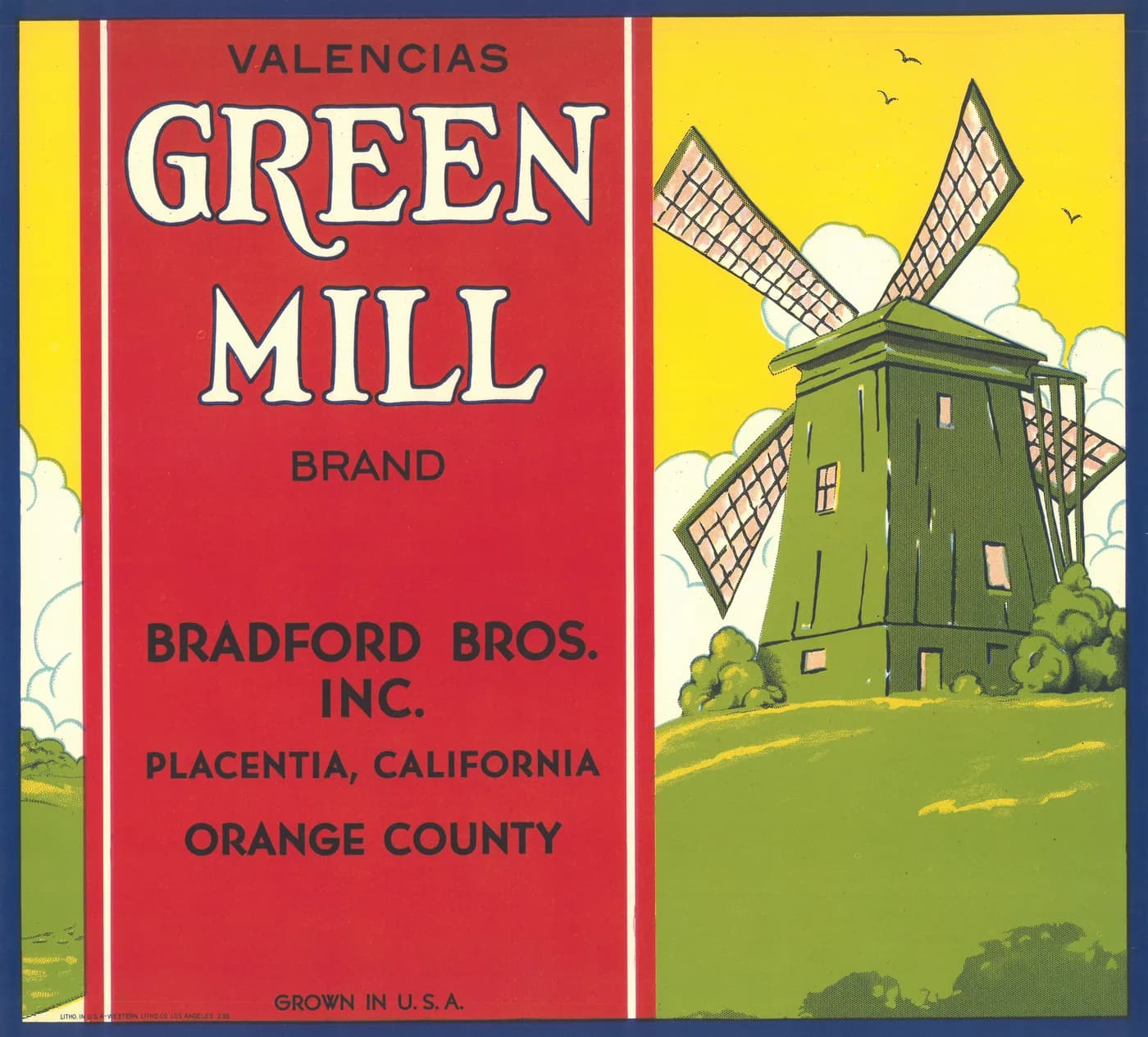 Green Mill, citrus crate label, valencias, Placentia, California, Orange County, 1890-1900