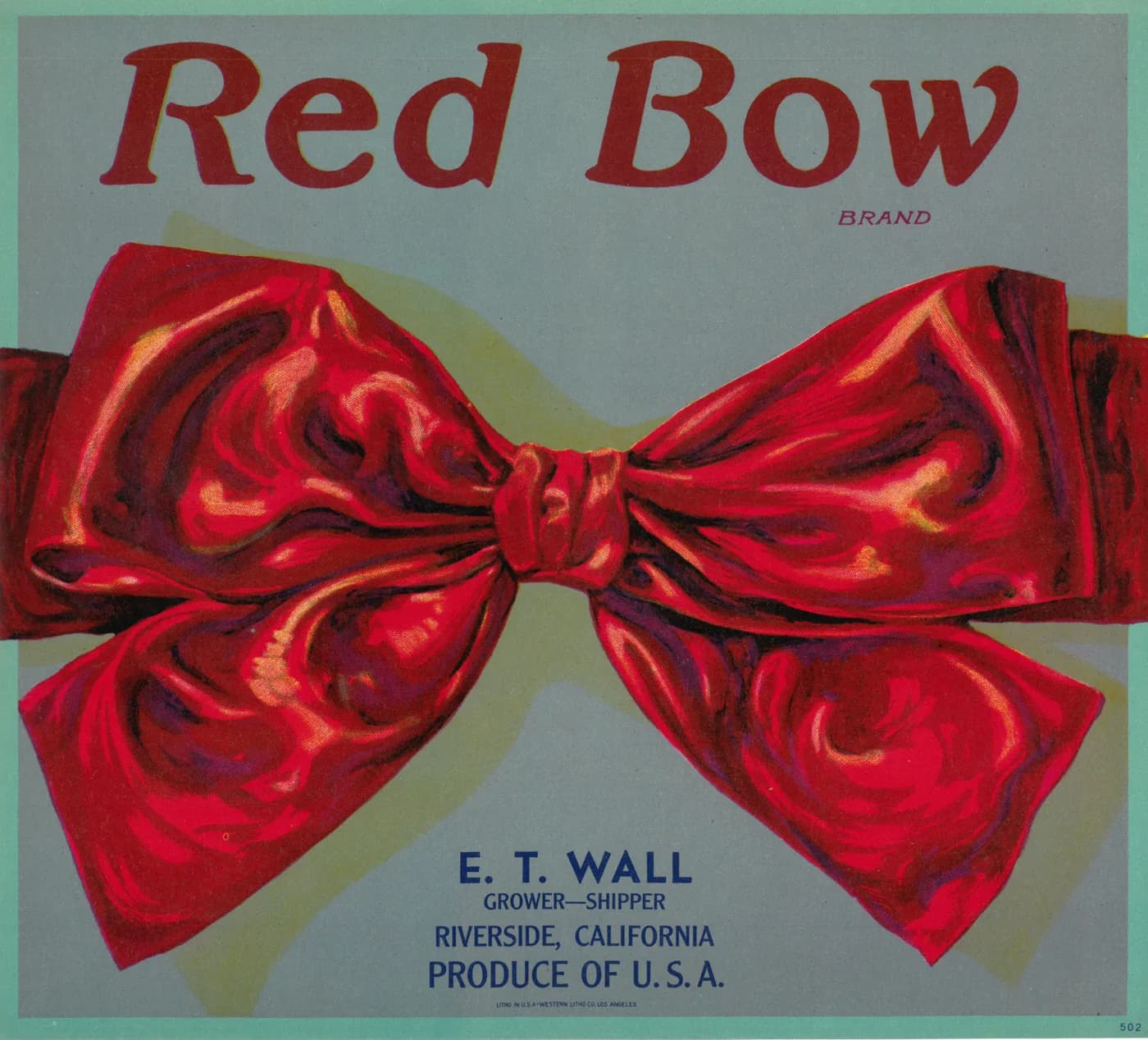 Red Bow, citrus crate label, Riverside, California, 1921