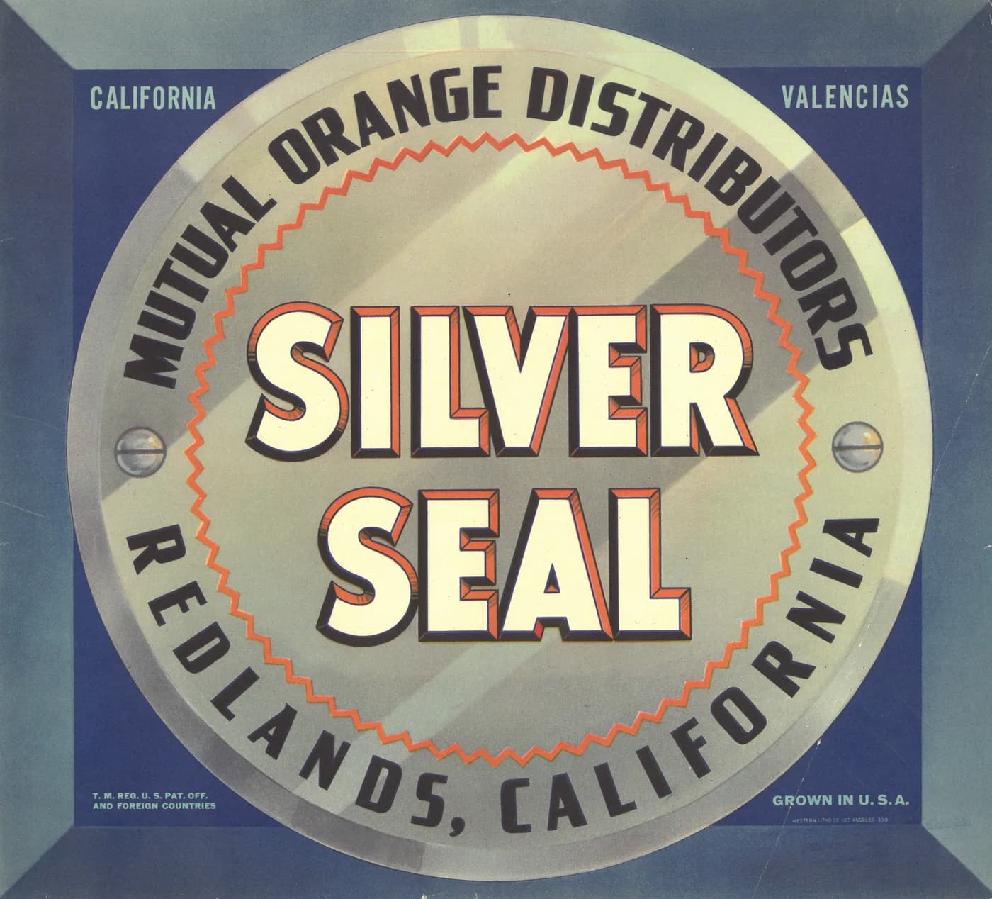 Silver Seal, citrus crate label, valencias, Redlands, California, 1890-1900