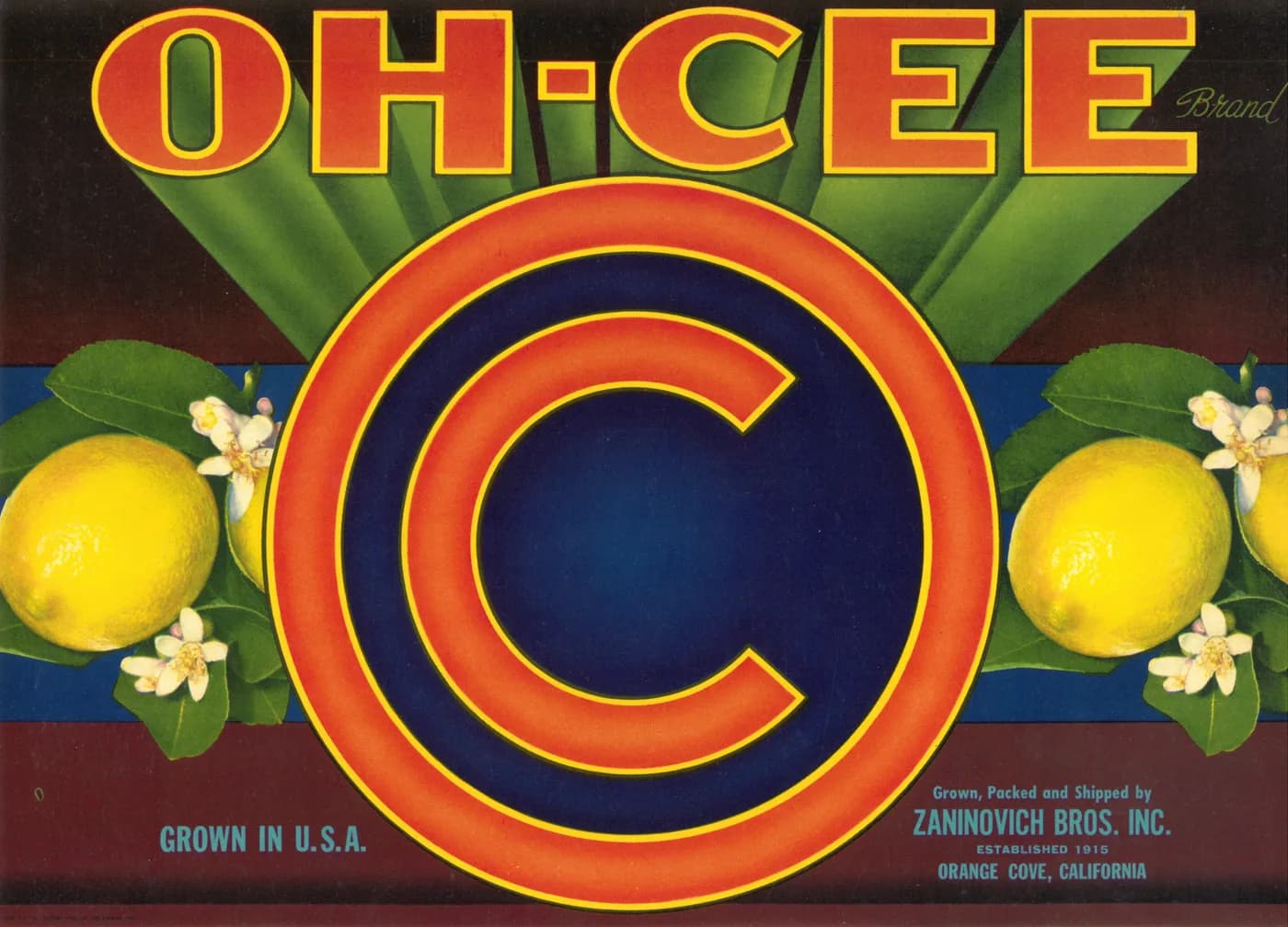 OH-CEE, citrus crate label, lemon, Orange Cove, California, 1916