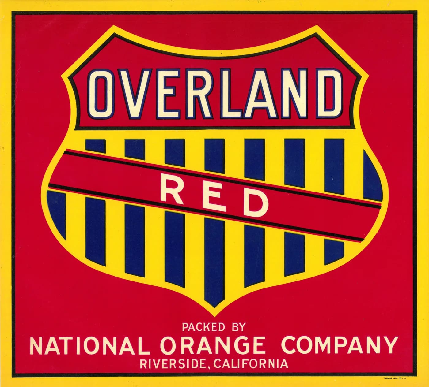Overland, citrus crate label, red, Riverside, California, ©1902