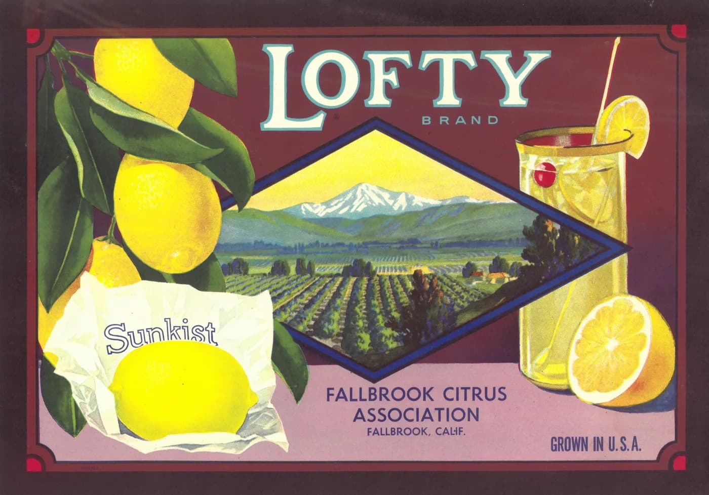 Lofty, citrus crate label, lemon, Fallbrook, Calif., 1900-1910