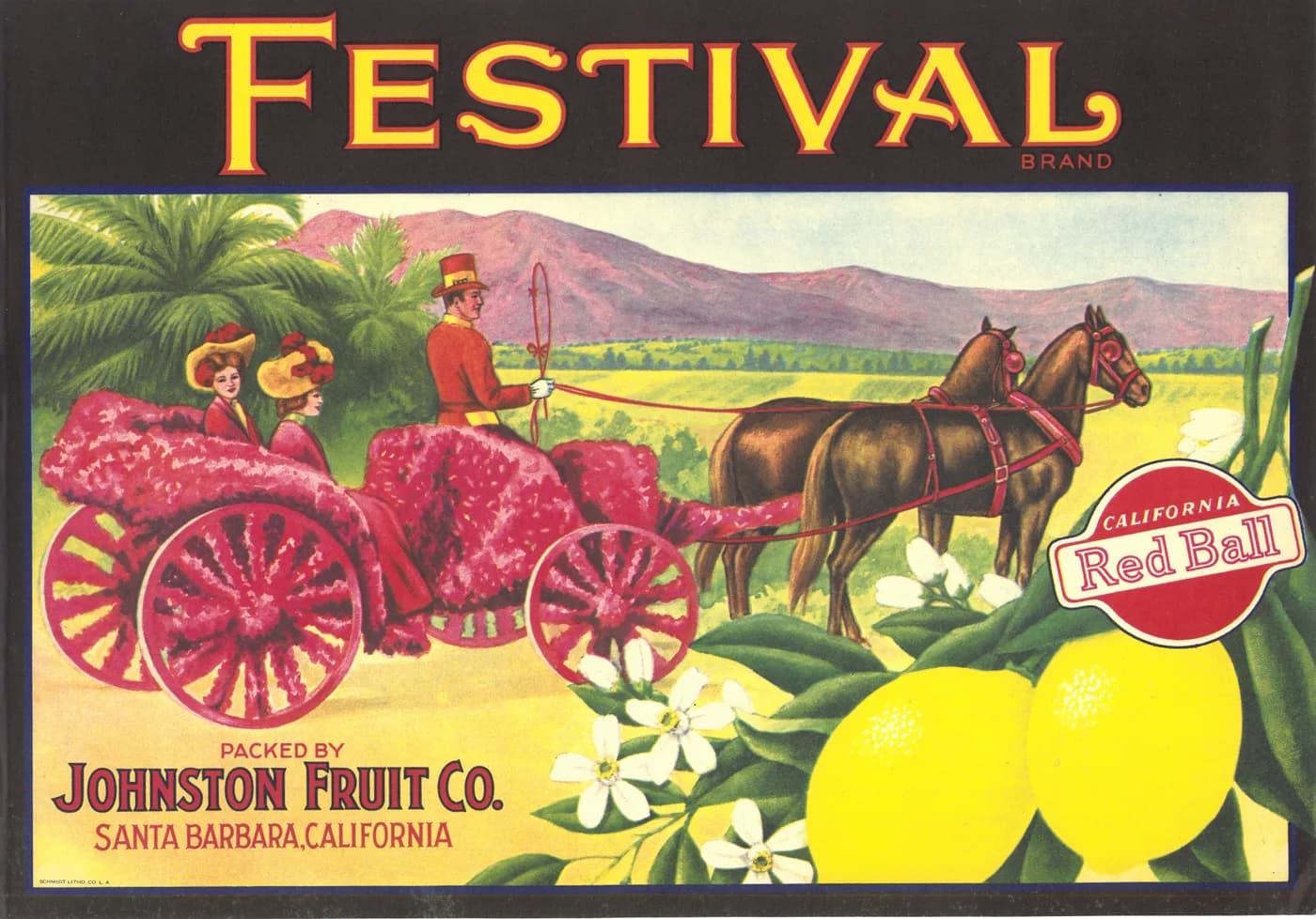 Festival, citrus crate label, lemon, Santa Barbara, California, 1909