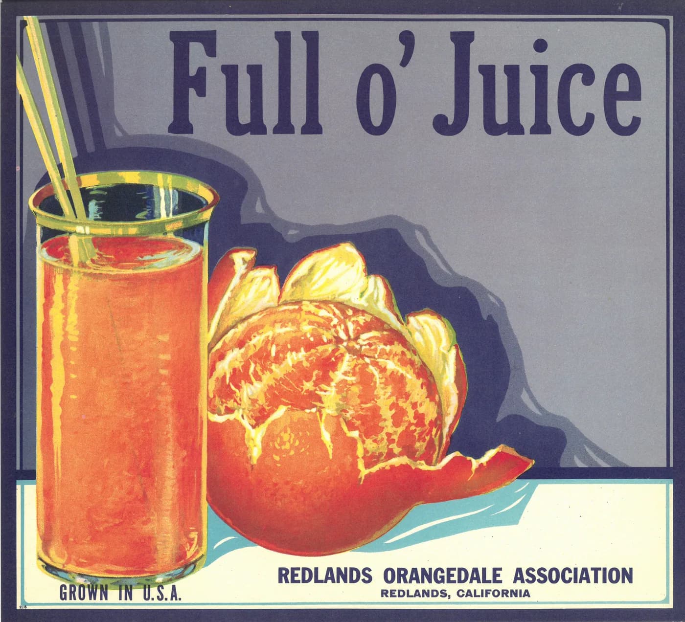 Full o' Juice, citrus crate label, orange, Redlands, California, 1954
