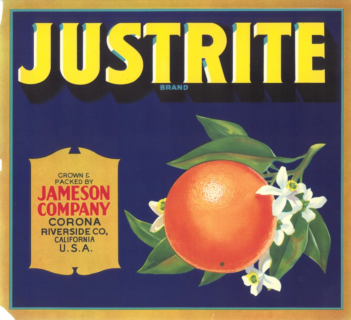 Justrite, citrus crate label, orange, Corona, Riverside Co., California, U.S.A., 1890-1900