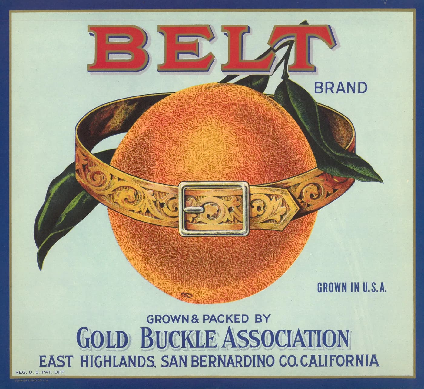 Belt, citrus crate label, East Highlands, San Bernardino Co. California, 1930-1940