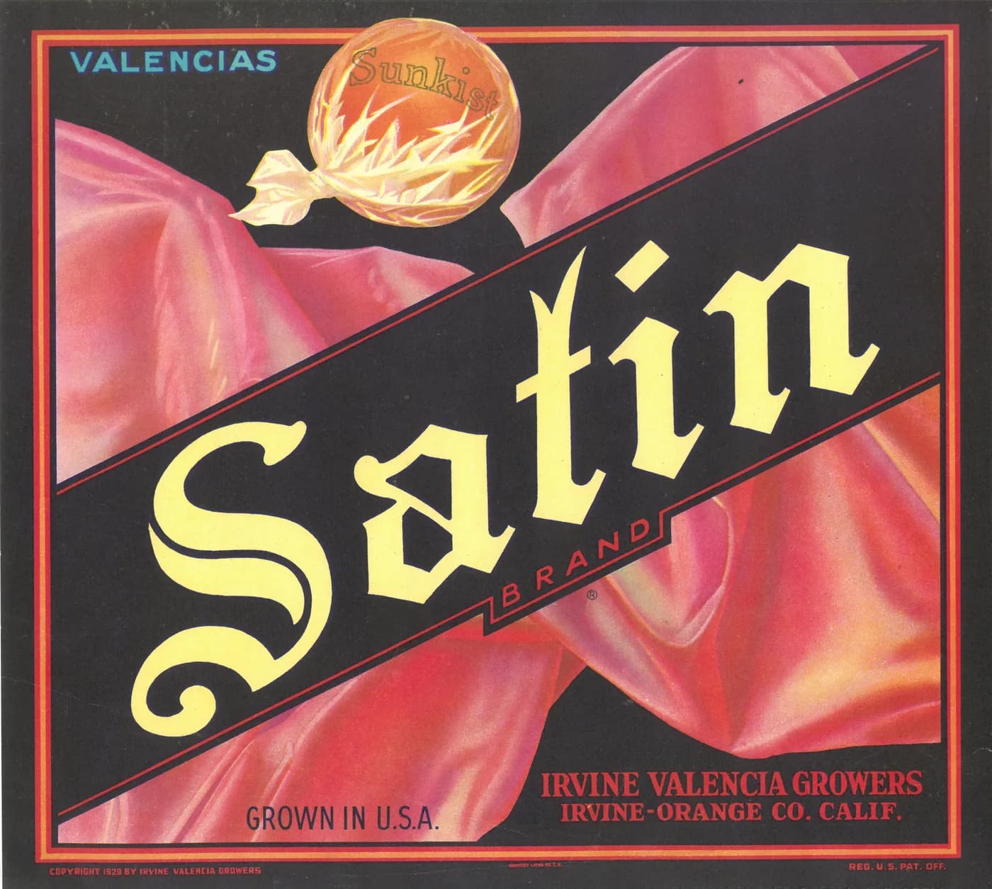 Satin, citrus crate label, valencias, Irvine-Orange Co. Calif., 1923