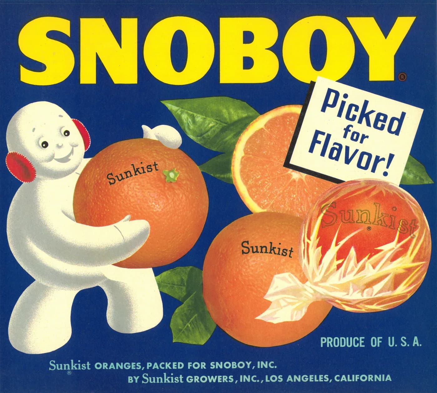 Snoboy, citrus crate label, sunkist oranges, Los Angeles, California, 1940-1950