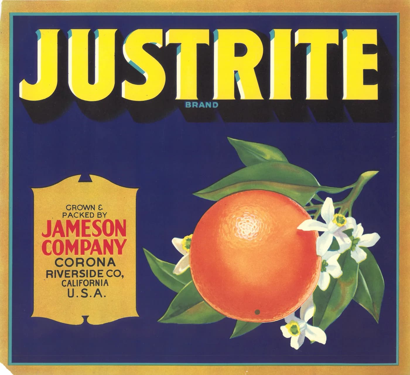 JUSTRITE, citrus crate label, orange, Corona, Riverside Co., California, U.S.A., 1910-1920