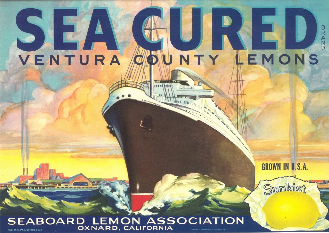 Sea Cured, citrus crate label, lemons, Ventura County, 1900
