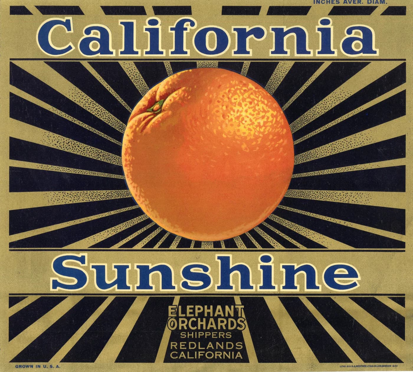 California Sunshine, citrus crate label, orange, Redlands, California, 1933