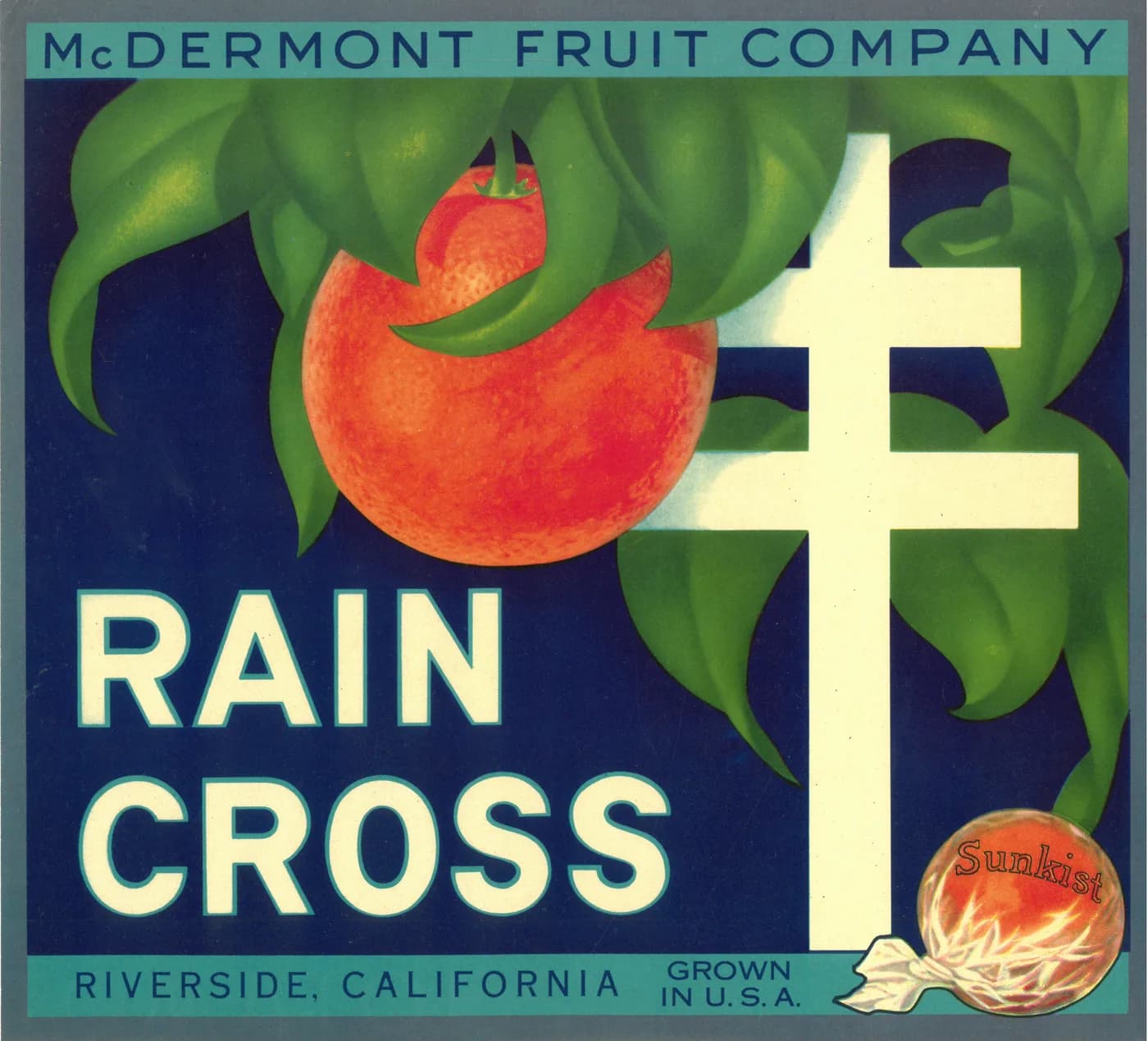 Rain Cross, citrus crate label, Riverside, California, 1920-1930