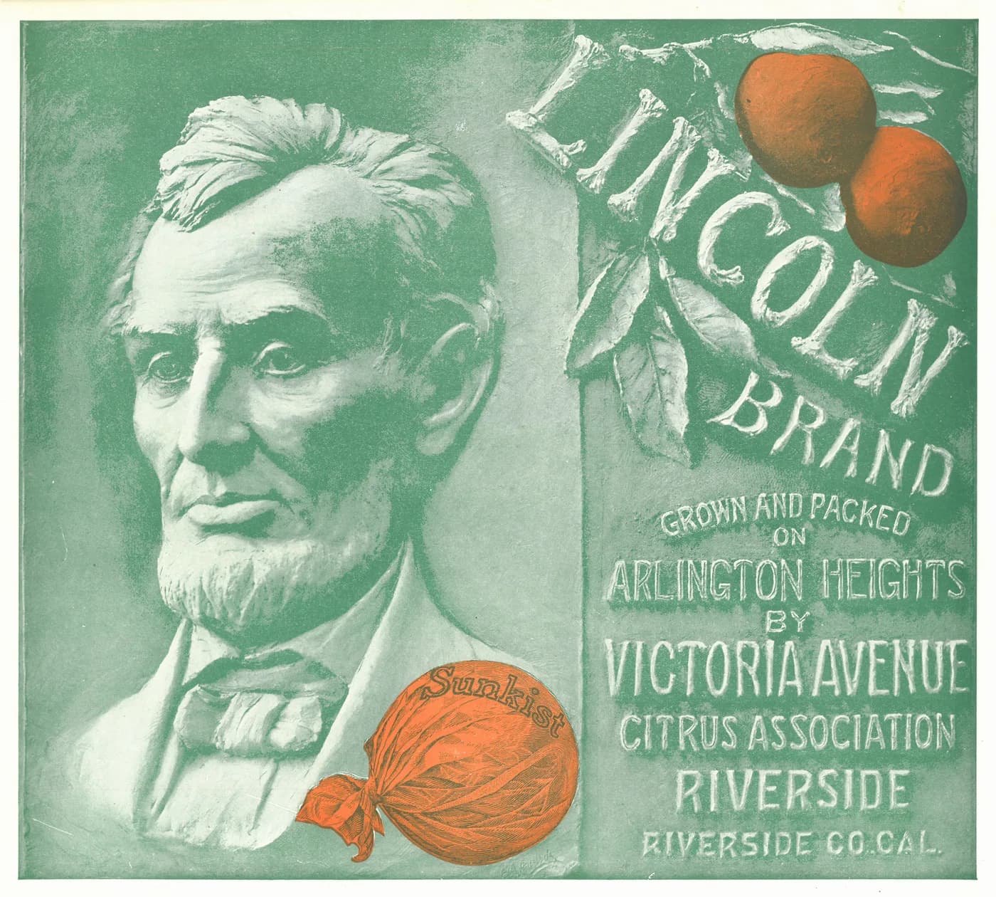 Lincoln Brand, citrus crate label, oranges, Arlington Heights, Riverside, ©1936