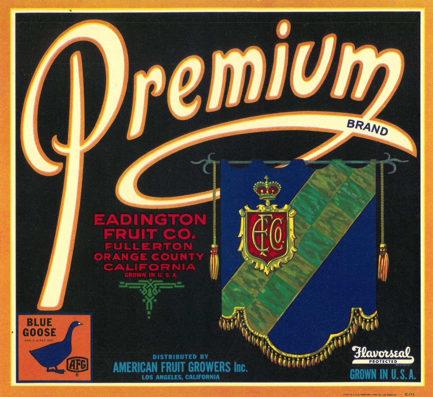 Premium, citrus crate label, Fullerton, Orange County, California, 1890-1900