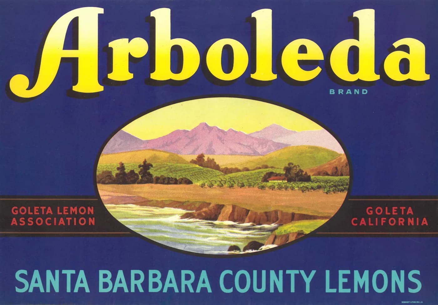 Arboleda, citrus crate label, lemons, Santa Barbara County, 1900-1910