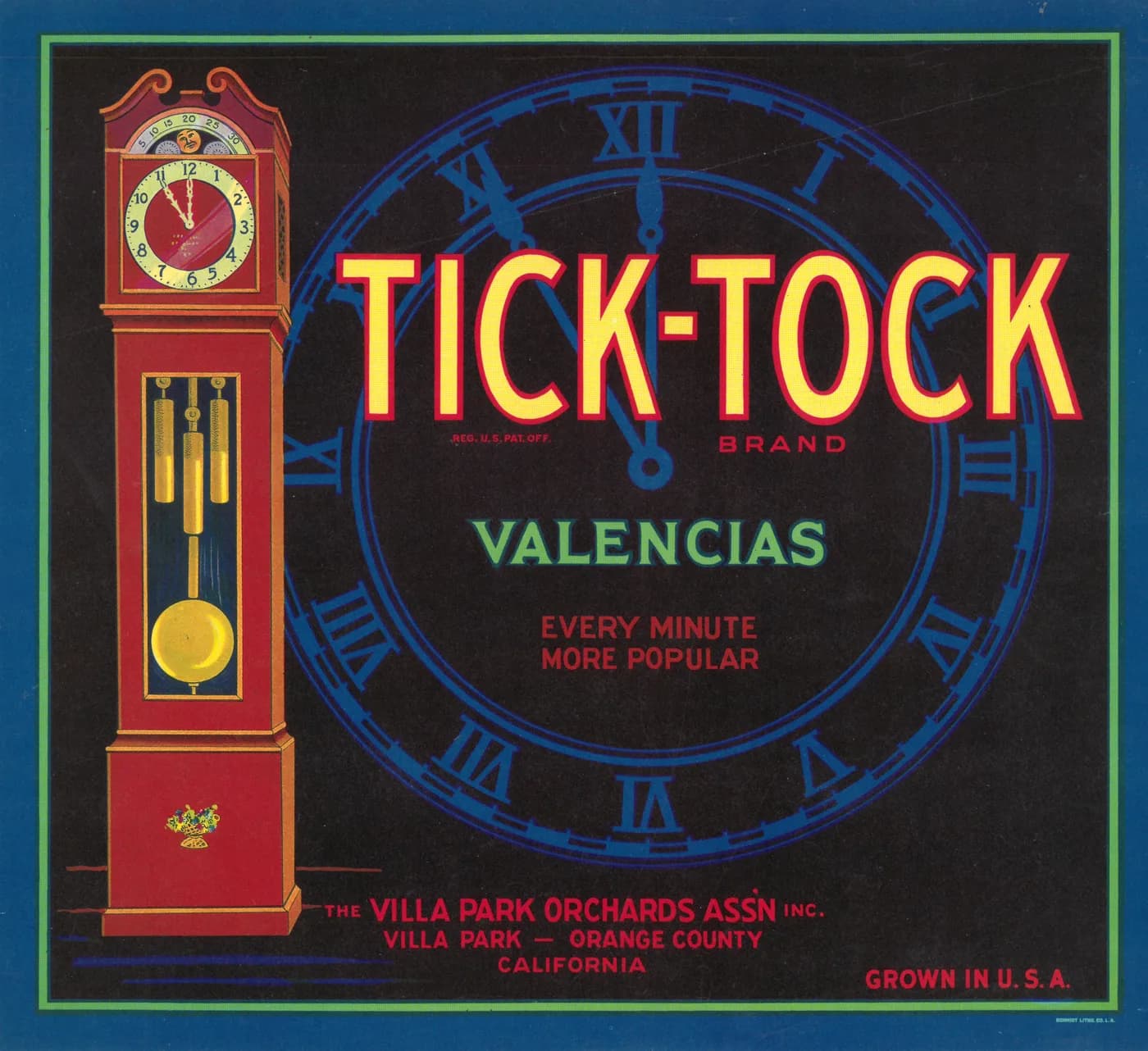 Tick-Tock, citrus crate label, valencias, Villa Park - Orange County, California, 1916