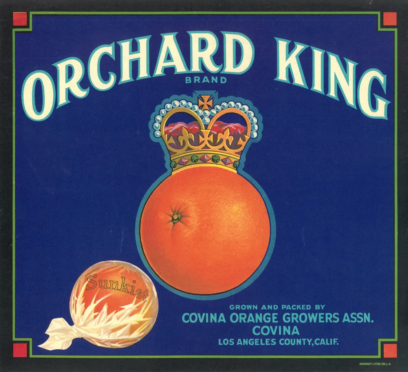 Orchard King, citrus crate label, orange, Covina, Los Angeles County, Calif., 1918