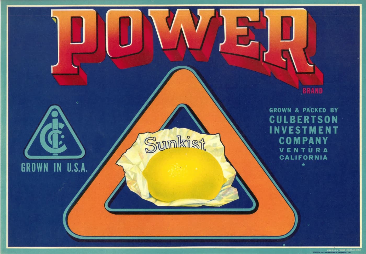 Power, citrus crate label, lemon, Ventura, California, 1900-1910