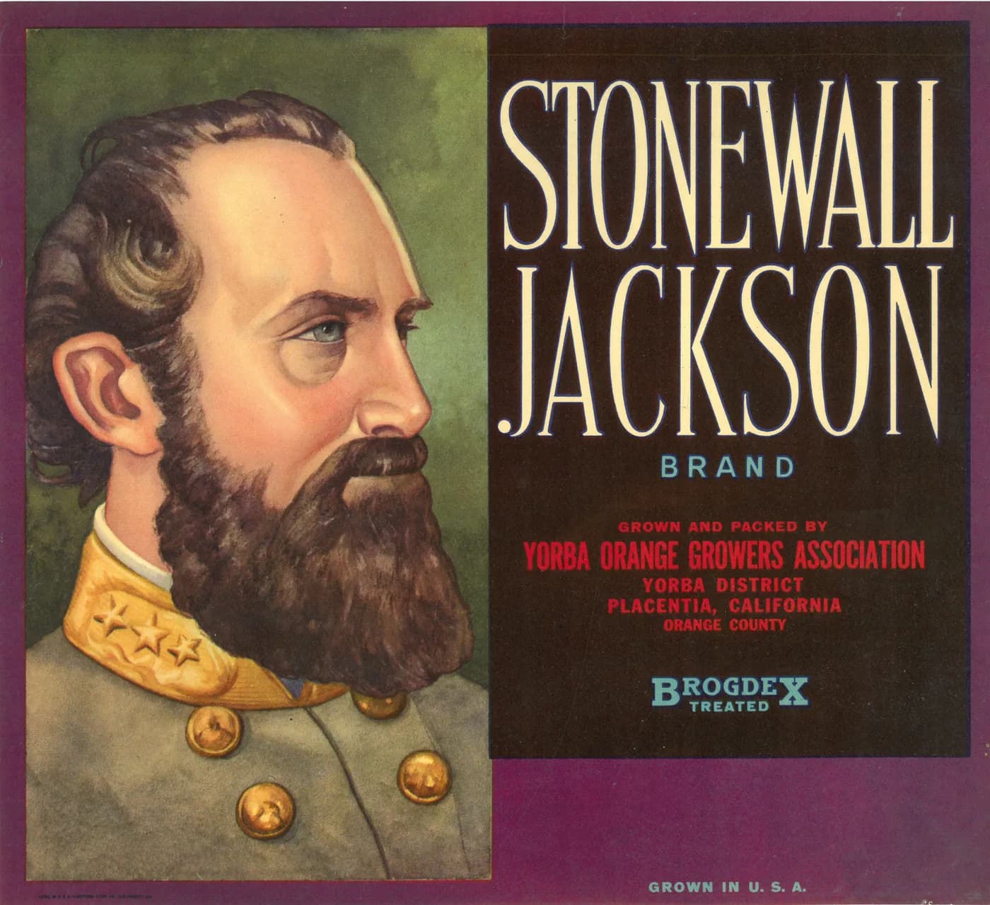 Stonewall Jackson, citrus crate label, Yorba District, Placentia, California, Orange County, 1890-1900
