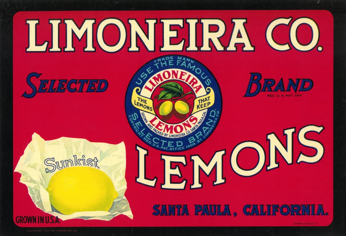 Limoneira Co., citrus crate label, lemons, Santa Paula, California, 1927